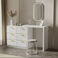 Vanity Table with 6 Storage Drawers, Rotating Top, Gold Handles, Dressing Table with Shock-Resistant Corners, 136.5L x 40W x 73H cm, White(m-4)