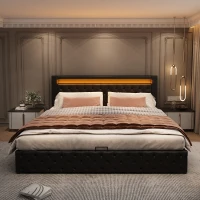 Polsterbett mit Lattenrost und Stauraum, LED-Beleuchtung, ohne Matratze, 160 x 200 cm, Schwarz(m-4)