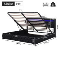 Cama tapizada con somier y espacio de almacenamiento, iluminación LED, sin colchón, 140 x 200 cm, Negro(m-3)