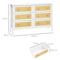 HOMCOM Cómoda Moderna com 6 Gavetas de Tecido Dobráveis  com Superfície de Vime PE e Estrutura de Aço 120x30x83 cm Branco(m-3)
