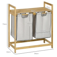 HOMCOM Cesto de Roupa de Bambu Cesto de Roupa Suja com 2 Bolsas Amovíveis e 2 Prateleiras para Casa de Banho 64x33x73 cm Madeira(m-3)