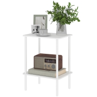 HOMCOM Moderne 2-laagse Bijzettafel met Opbergruimte en Metalen Frame voor Woonkamer, Slaapkamer, Wit