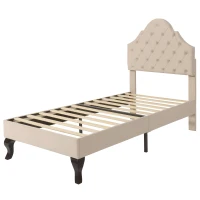 Cama tapizada con cabecero ajustable en altura y somier, sin colchón, 90×200 cm, Beige(m-10)