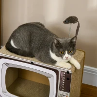 PawHut Arranhador de Cartão para Gatos Casa para Gatos em Forma de Televisor com Rato de Brinquedo 43x23x32,5 cm Areia(m-9)