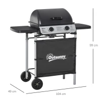 Outsunny Barbecue a Gás com 2 Queimadores 2,8 KW 2 Rodas 2 Mesas Laterais e Grelhas de Aço para Piquenique Campismo 104x49x99 cm Preto(m-3)