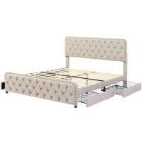 Polsterbett mit höhenverstellbarem Kopfteil und vier Schubladen, ohne Matratze, 180×200 cm, Beige(m-10)