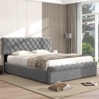Cama tapizada con almacenamiento hidráulico y cabecero ajustable en altura, sin colchón, 140 x 200 cm, Gris(m-4)