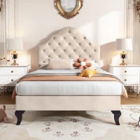 Cama tapizada con cabecero ajustable en altura y somier, sin colchón, 90×200 cm, Beige(m-5)