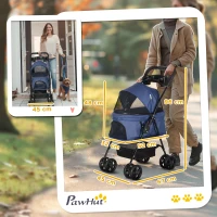 PawHut Carrinho para Cães Dobrável com Rodas Cesta de Armazenamento Correias de Segurança e Janelas 67x45x96 cm Azul Escuro(m-3)