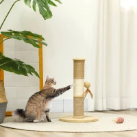 PawHut Cat Scratching Post for Indoor Cats, 47cm Tall Cat Scratcher with Jute Sisal Rope, Hanging Toy Ball, Feather, Brown(m-10)