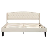 Cama acolchada suave con cabecero aterciopelado y decoración de botones, placas de madera estables, sin colchón, 140×200 cm, Beige(m-1)