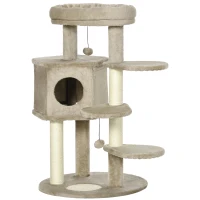 PawHut Árvore Arranhador para Gatos com Cama Caverna 3 Escadas Bolas Suspensas e Postes de Sisal 55x55x94cm Marrom e Creme(m-11)