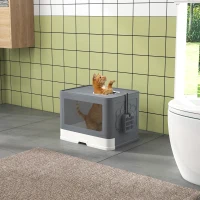 PawHut Enclosed Cat Litter Box with lid, Front Entry, Top Exit, Drawer, Tray, Scoop, Brush, 48.5 x 38 x 36.5cm - Grey(m-2)