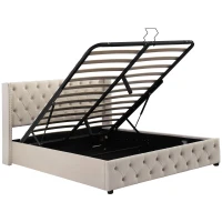 Cama tapizada con cajón hidráulico y somier, sin colchón, 140×200 cm, Beige(m-11)