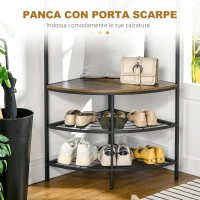 HOMCOM Appendiabiti da Terra Angolare con Panca e Scarpiera in Stile Industriale, 50x50x183cm, Marrone(m-6)