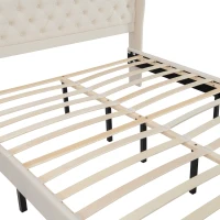 Cama acolchada suave con cabecero aterciopelado y decoración de botones, placas de madera estables, sin colchón, 140×200 cm, Beige(m-7)