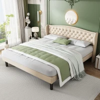 Cama acolchada suave con cabecero aterciopelado y decoración de botones, placas de madera estables, sin colchón, 140×200 cm, Beige(m-5)