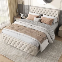 Polsterbett mit höhenverstellbarem Kopfteil und vier Schubladen, ohne Matratze, 180×200 cm, Beige(m-1)