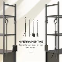 Outsunny Suporte para Lenha com Rodas de 4 Níveis com Pá Escova Atiçador e Tenaz para Interior e Exterior 45x30x118 cm Preto(m-6)