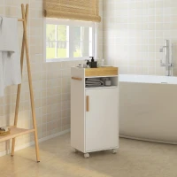 kleankin Armário Casa de Banho Moderno com Prateleiras Ajustáveis Armário Bandeja Amovível e Rodas 40x30x88 cm Branco e Carvalho(m-8)