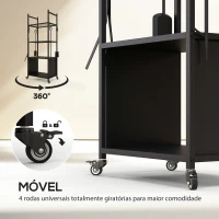 Outsunny Suporte para Lenha com Rodas de 4 Níveis com Pá Escova Atiçador e Tenaz para Interior e Exterior 45x30x118 cm Preto(m-5)