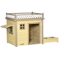 PawHut Casa para Perros de Madera Caseta para Perros Pequeños con 2 Ventanas Comedero 2 Cuencos de Acero Inoxidable y Mesa de Cultivo para Interior Exterior 105x65x80 cm Natural(m-1)
