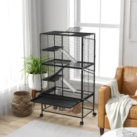 PawHut Gaiola para Animais Pequenos de 4 Níveis com Rodas Rampa Comedouro Bebedouro e Bandeja Removível 78x45,5x136 cm Preto(m-9)