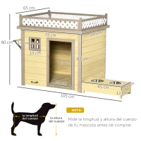 PawHut Casa para Perros de Madera Caseta para Perros Pequeños con 2 Ventanas Comedero 2 Cuencos de Acero Inoxidable y Mesa de Cultivo para Interior Exterior 105x65x80 cm Natural(m-3)