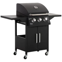 Outsunny Barbecue a Gás com 3 Queimadores Termómetro 2 Prateleiras Laterais Armário 4 Rodas e Travão 121x55x109 cm Preto(m-11)