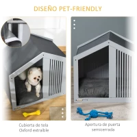 PawHut Caseta de Madera para Perros Pequeños Caseta para Mascotas Interior con Cojín Acolchado Grueso Cobertura de Tela Oxford Extraíble y Ventilaciones 60x43x55 cm Gris(m-6)