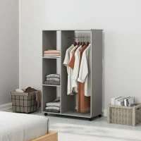 HOMCOM Open Wardrobe on Wheels, Bedroom Wardrobe with Clothes Hanging Rail, 3 Storage Shelves, Mobile Garment Rack for Cloakroom, Hallway, Grey(m-2)