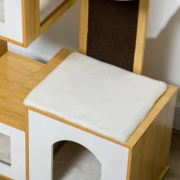 PawHut Casa para Gatos com 3 Casas de Madeira Almofadas Laváveis Placa de Arranhar e Rede 76x37x92,5cm Carvalho(m-9)