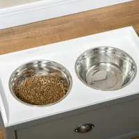PawHut Comedouro Elevado para Cães com 2 Tigelas 2000ml de Aço Inoxidável Gaveta Oculta com Suporte de Madeira 60x30x36cm Cinza(m-8)