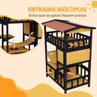 PawHut Casa para Gatos de Madeira 84x60x116 cm Abrigo para Gatos de 4 Níveis para Exterior com Ponte Suspensa Varanda Natural(m-6)