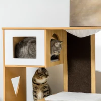 PawHut Casa para Gatos com 3 Casas de Madeira Almofadas Laváveis Placa de Arranhar e Rede 76x37x92,5cm Carvalho(m-8)