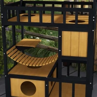 PawHut Casa para Gatos de Madeira 84x60x116 cm Abrigo para Gatos de 4 Níveis para Exterior com Ponte Suspensa Varanda Natural(m-8)