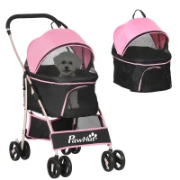PawHut Carrinho para Animais de Estimação 3 em 1 Dobrável com Bolsa de Transporte Cesta de Armazenamento e Travão 82x49,5x98 cm Rosa(m-10)