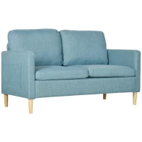 HOMCOM Sofá de 2 Lugares Estofado em Poliéster com 2 Bolsos Laterais Apoio para os Braços e Pés de Madeira 143x76x83 cm Azul(m-10)