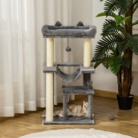 PawHut Arranhador para Gatos de 3 Níveis com Caverna Rede Plataforma Bolas Suspensas e Poste de Sisal 48x48x90 cm Cinza(m-9)