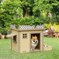 PawHut Casa para Perros de Madera Caseta para Perros Pequeños con 2 Ventanas Comedero 2 Cuencos de Acero Inoxidable y Mesa de Cultivo para Interior Exterior 105x65x80 cm Natural(m-2)