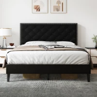Upholstered Velvet Double Bed Base with Adjustable Wood Headboard, Solid Wood Slats, Easy Assembly, 193L x 141W x 110H cm, Black(m-1)