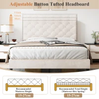 Double Upholstered Velvet Bedstead with Button-Tufted Headboard, Noise-Free Design, Solid Wood Slats, 193L x 141W x 110H cm, Beige(m-4)
