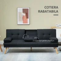 HOMCOM Canapea Extensibilă cu 3 Locuri, 2 Brațe Detașabile și Suport pentru Pahare, Material Textil Tip In, 181x77x78 cm, Gri antracit(m-7)