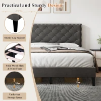 Upholstered Bed Frame with Adjustable Button-Tufted Headboard, Solid Wood Slats, Easy Assembly, 193L x 141W x 110H cm, Grey(m-6)