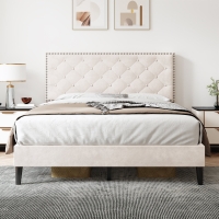 Double Upholstered Velvet Bedstead with Button-Tufted Headboard, Noise-Free Design, Solid Wood Slats, 193L x 141W x 110H cm, Beige