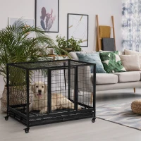 PawHut 43" Heavy Duty Metal Dog Crate Pet Cage with Tray Wheeled Dog Kennel - Black (Large)(m-10)