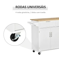 HOMCOM Carrinho de Cozinha com Rodas 2 Gavetas 3 Portas Prateleiras Ajustáveis e Barra para Sala de Jantar 121x46x91 cm Branco(m-6)