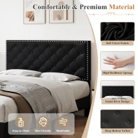 Upholstered Velvet Double Bed Base with Adjustable Wood Headboard, Solid Wood Slats, Easy Assembly, 193L x 141W x 110H cm, Black(m-5)