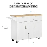HOMCOM Carrinho de Cozinha com Rodas 2 Gavetas 3 Portas Prateleiras Ajustáveis e Barra para Sala de Jantar 121x46x91 cm Branco(m-4)