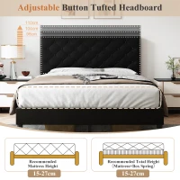 Upholstered Velvet Double Bed Base with Adjustable Wood Headboard, Solid Wood Slats, Easy Assembly, 193L x 141W x 110H cm, Black(m-4)